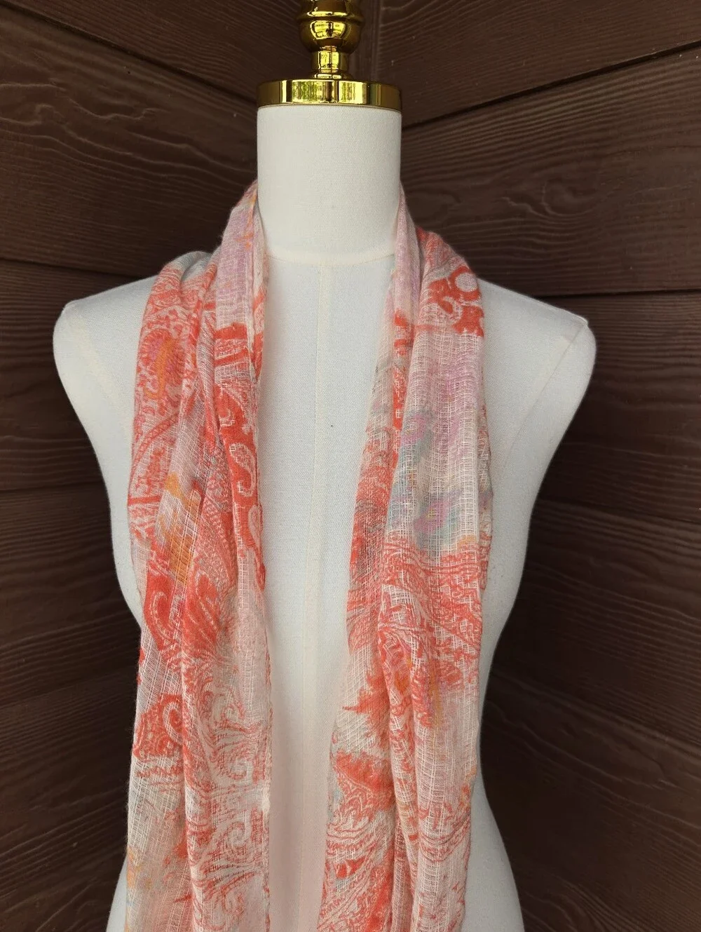 Women’s Lightweight Orange & Cream Paisley Wrap Scarf – Semi‑Sheer